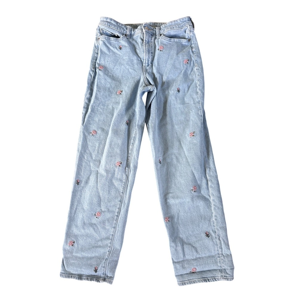 Old Navy OG Loose High Rise Jeans Light Wash Floral Rose Embroidered Womens 8